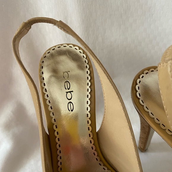 Bebe beige patent leather sandals size leather upper cork heel - Picture 2 of 4